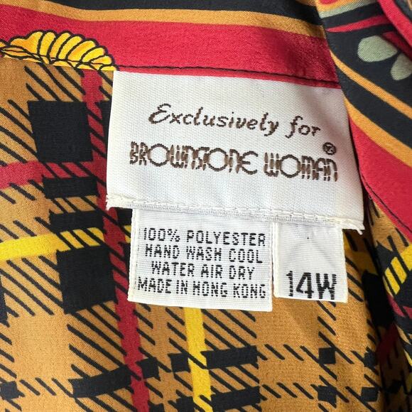 VINTAGE BrownStone Multi Blouse Top Chain Printed Notch Lapel Button Front 14W - Picture 6 of 6